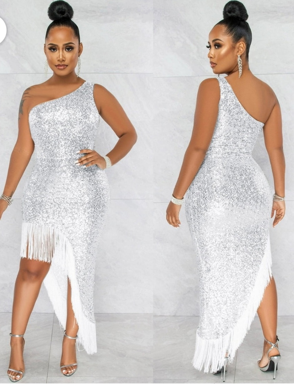 Silver One-Shoulder Sequin Fringe Dress